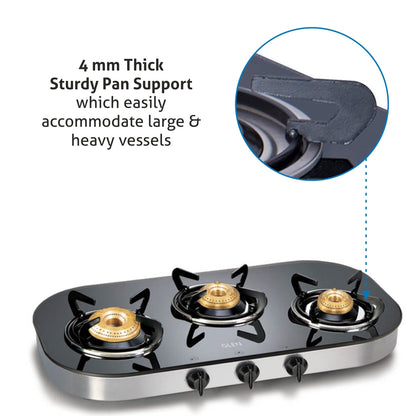 3 Burner Black Glass Gas Stove with High Flame Brass Burner (1036GT) - Manual/ Auto Ignition