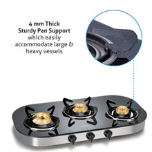 3 Burner Black Glass Gas Stove with High Flame Brass Burner (1036GT) - Manual/ Auto Ignition