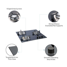 3 Burner Built in Glass Hob with Double Ring Forged Brass Burner Auto Ignition (1063 SQ DB)