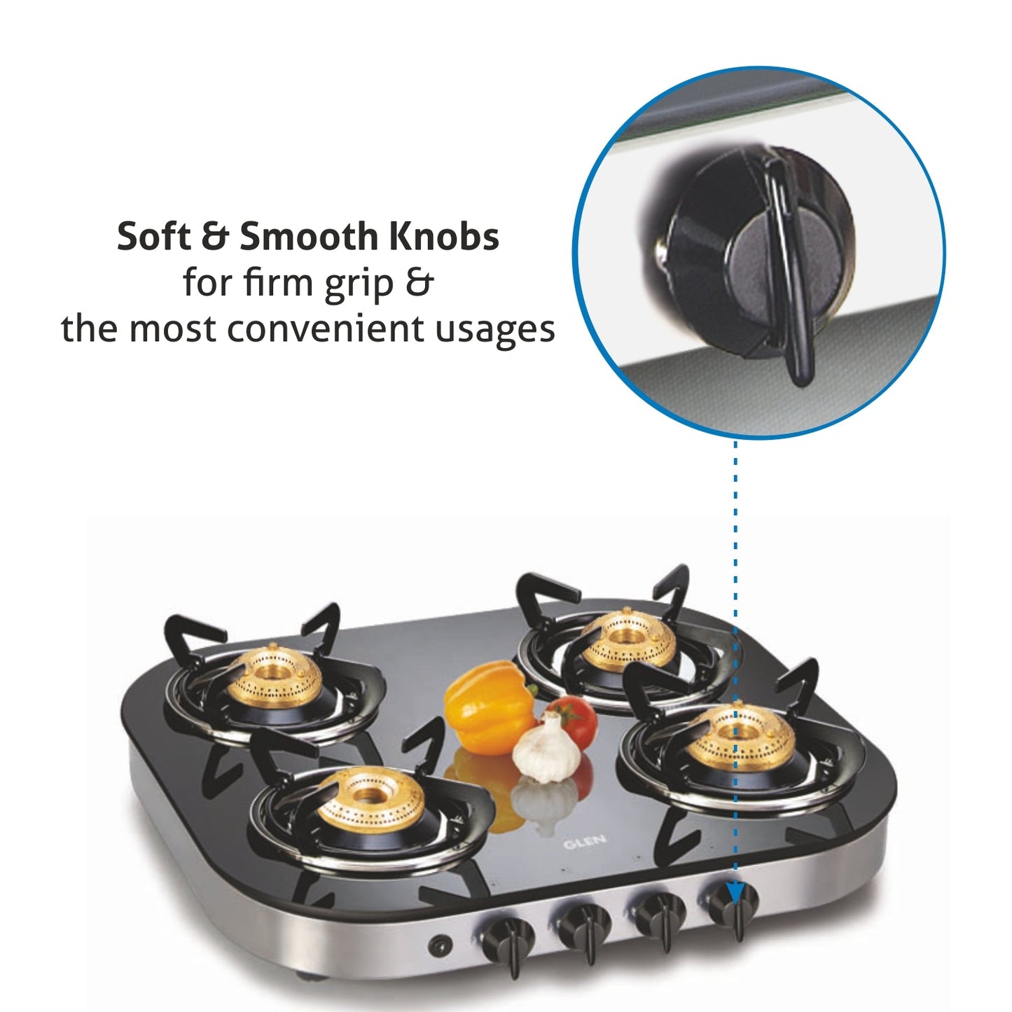 4 Burner Glass Gas Stove 1 High Flame 3 Brass Burner Auto Ignition Round Corners (1046 GTAI)