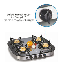 4 Burner Glass Gas Stove 1 High Flame 3 Brass Burner Auto Ignition Round Corners (1046 GTAI)
