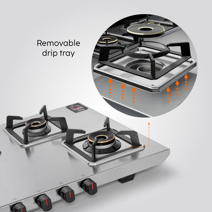 GLEN 4 Burner Ultra Tuff Stainless Steel Gas Stove with Multi Ring Forged Brass Burner & Drip trays (CT1054UTDTSS)