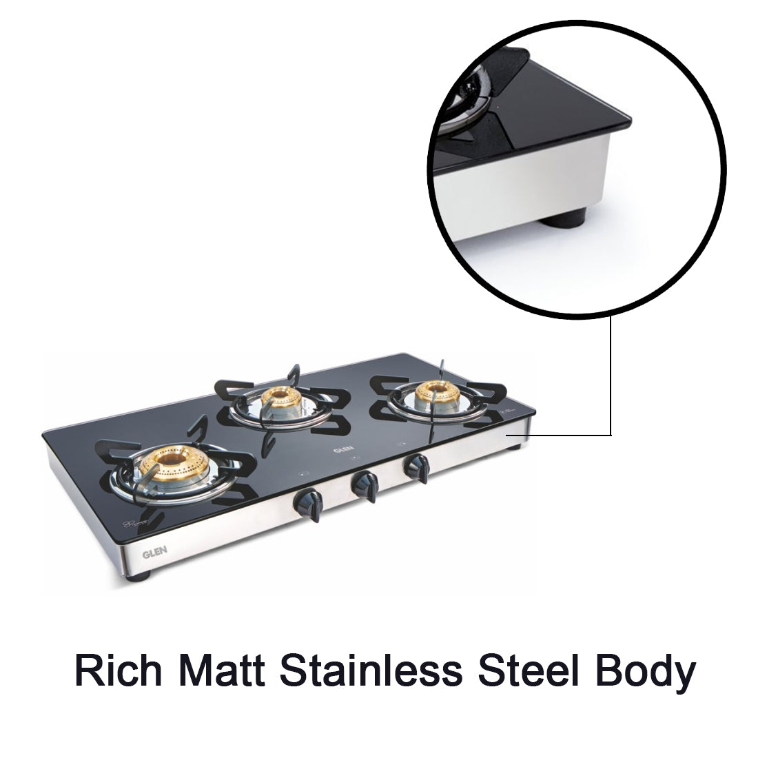 3 Burner Glass Gas Stove 1 High Flame 2 Brass Burners Double Drip trays (Z18242L)