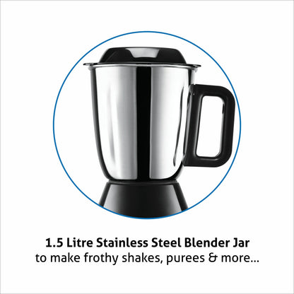 Mixer Grinder 750W 100% Copper Motor, 3 Stainless Steel Liquidiser, Grinder, Chutney Jars - Black & Green (4030)