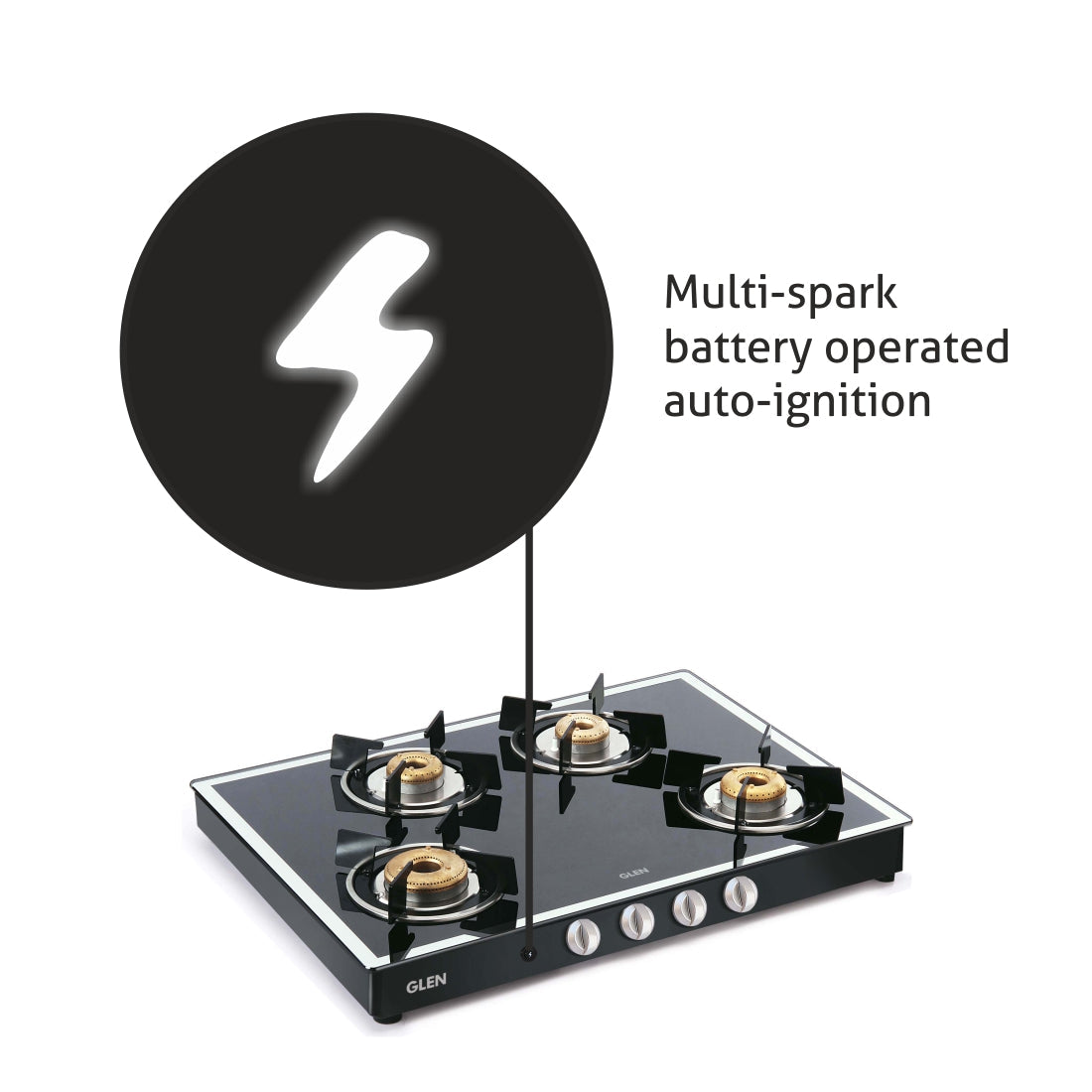 4 Burner Glass Gas Stove Mirror Finish 1 High Flame 3 Forged Brass Burners Auto Ign 70 CM Black (1048GT FBMBLAI)