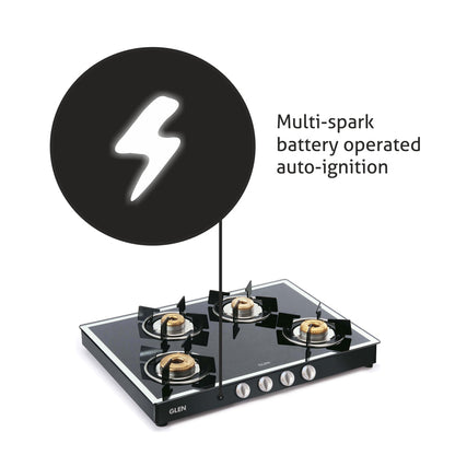 4 Burner Glass Gas Stove Mirror Finish 1 High Flame 3 Forged Brass Burners Auto Ign 70 CM Black (1048GT FBMBLAI)