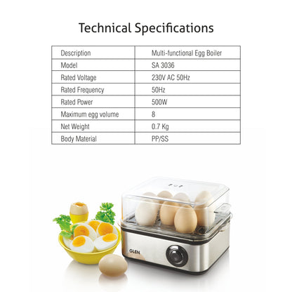 Egg Boiler Boils 8 Eggs, 4 Poaching Cups, Auto shut Off, 500W (3036EB8)