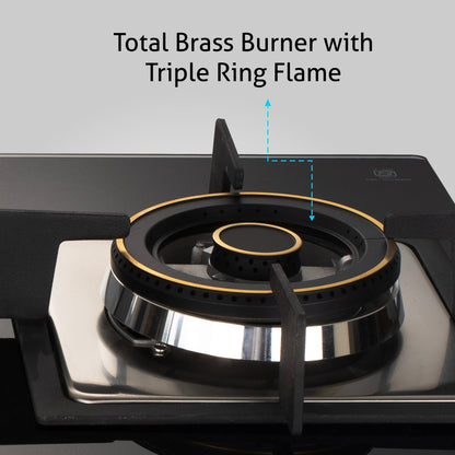 3 Burner Glass Hob Top with Triple Ring Burner Double Ring Forged Brass Burners Auto Ignition (1063 SQ HT DB TR)