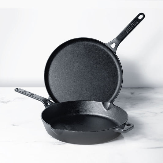 Meyer Pre Seasoned Cast Iron 2pcs Set (26cm Frypan/Skillet + 28cm Flat Dosa Tawa)