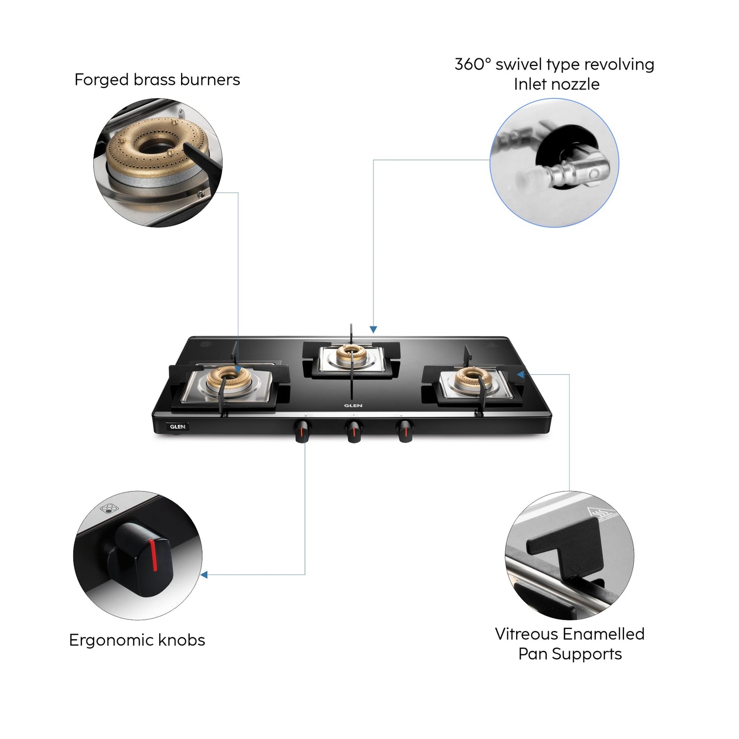 3 Burner Ultra Slim Mirror Glass Gas Stove with High Flame Forged Brass Burner - Manual / Auto Ignition (1035 US MI)