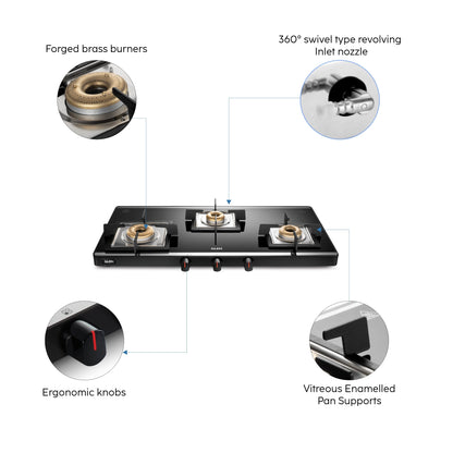 3 Burner Ultra Slim Mirror Glass Gas Stove with High Flame Forged Brass Burner - Manual / Auto Ignition (1035 US MI)