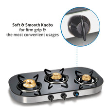 3 Burner Black Glass Gas Stove with High Flame Brass Burner (1036GT) - Manual/ Auto Ignition