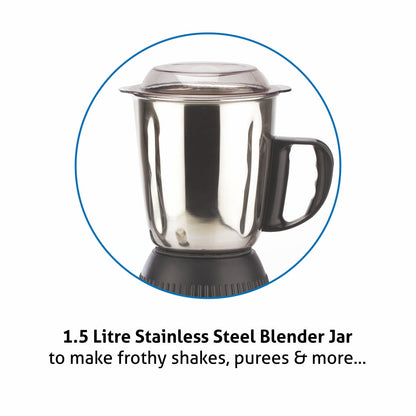Mixer Grinder 750W 100% Copper motor, 3 Stainless Steel Liquidiser, Grinder, Chutney Jars - Silver (4022 PLAT)