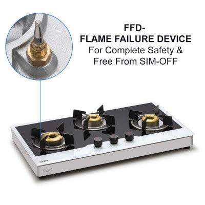 3 Burner Free Standing Glass Hob Forged Brass Burner with Flame Failure Device Auto Ignition (1073 FSFBBWFFDAI)