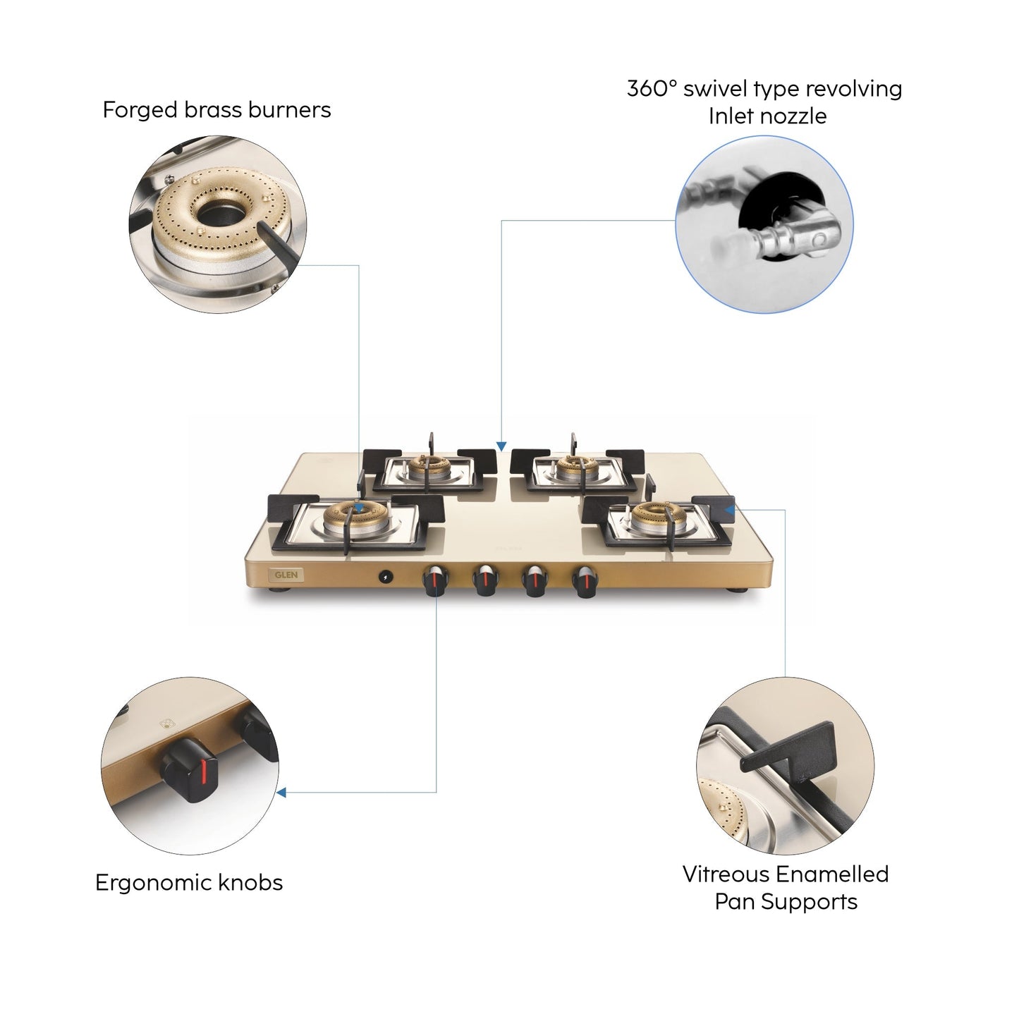 4 Burner Ultra Slim Apricot Glass Gas Stove 1 High Flame 3 Forged Brass Burner - Manual / Auto Ignition (1047 US)