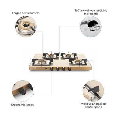 4 Burner Ultra Slim Apricot Glass Gas Stove 1 High Flame 3 Forged Brass Burner - Manual / Auto Ignition (1047 US)