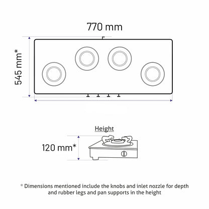 4 Burner Free Standing Glass Hob Forged Brass Burner Auto Ignition Black (BH1074SQFSFBBLAI)