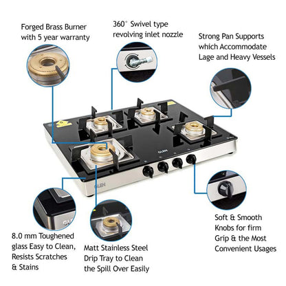 4 Burner Glass Gas Stove 1 High Flame 3 Forged Brass Burner 70 CM (1048 GT SQFB)