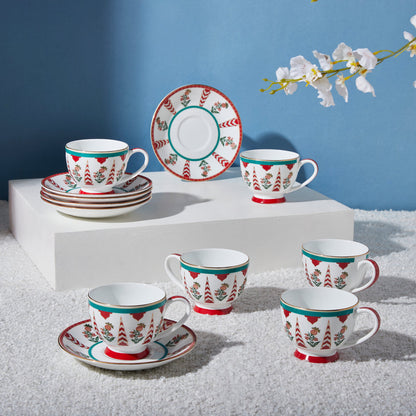 Claycraft India Circus Blushed Orchard Olive Cup and Saucer Set of 12 Pcs | 22k Gold Accents (150ml)