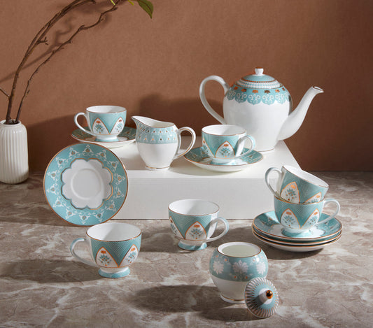 Claycraft India Circus Regal Romance Olive Tea Set | 22k Gold Accents | Cup (150 ml), Teapot (1.3 Ltr), Sugar Pot (190 ml), Milk Pot (200 ml)