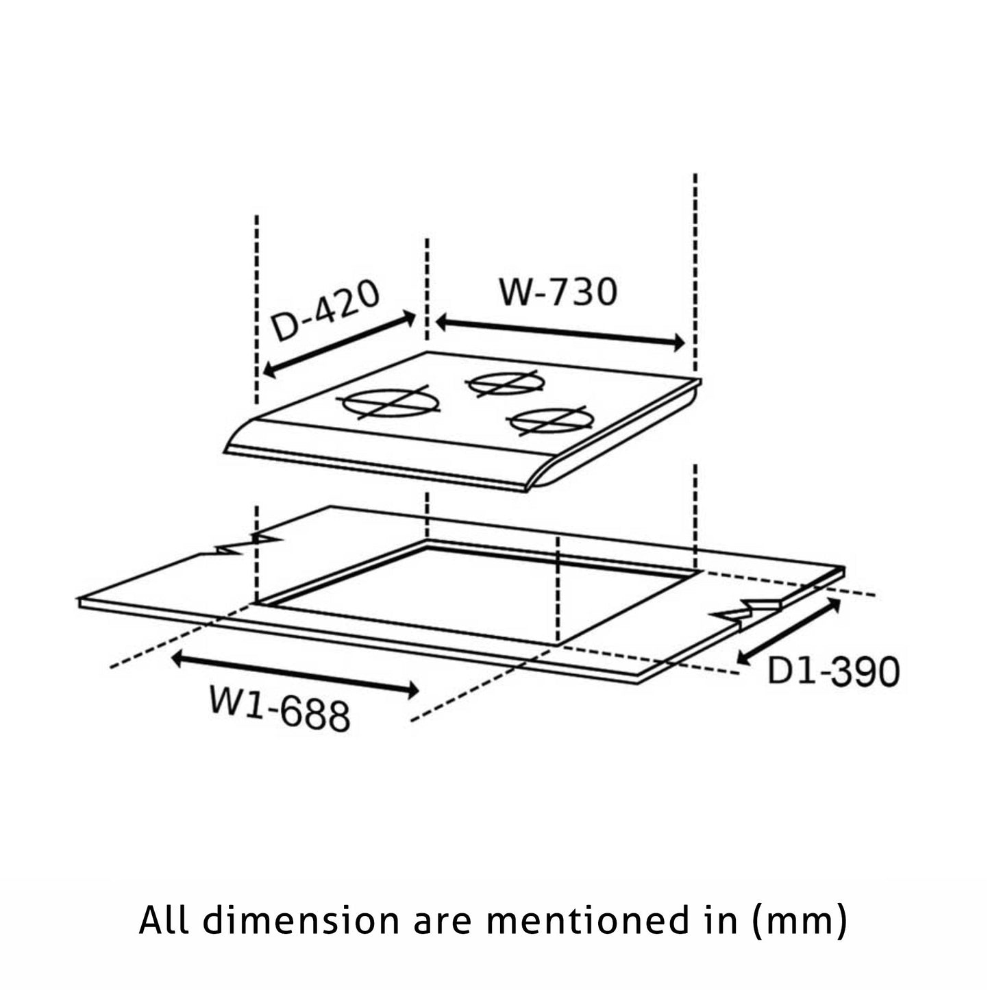 3 Burner Built In Glass Hob with Italian Double Ring Burners Auto Ignition (1073 IN BW)