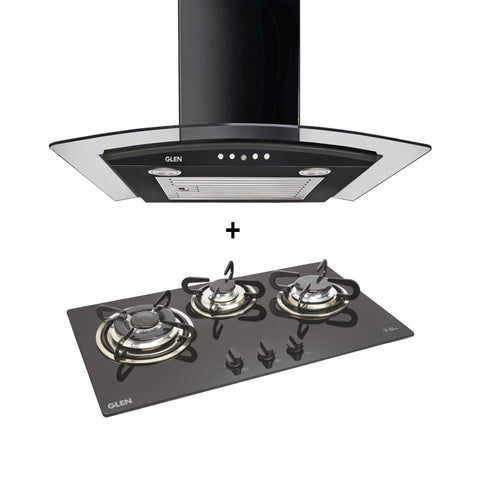 3 Burner Built in Glass Hob (1073 TR) + Chimney 60cm Baffle Filter 1000m3h (6070 JU BL)
