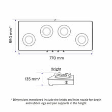 4 Burner Free Standing Glass Hob SS Frame Forged Brass Burner (1074 FSFB BW)