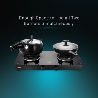 2 Burner Glass Gas Stove with High Flame Brass Burner Crown Pan Supports (CT 1022 GT BB BL HF CP) - Manual/Auto Ignition