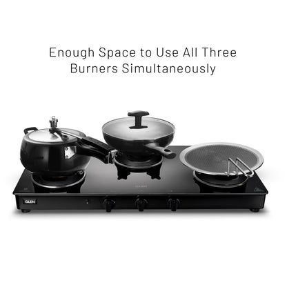 GLEN 3 Burner PNG Glass Gas Stove with High Flame Brass Burner and Crown Pan Supports (CT1038GTBBBLHFCPPN)