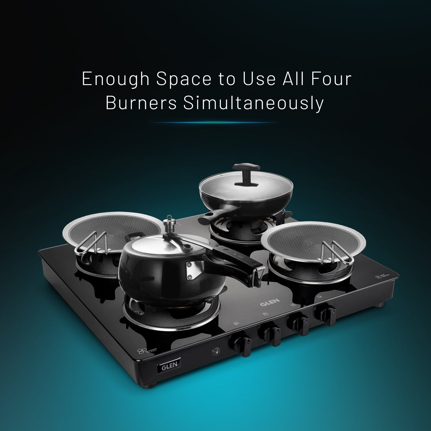 4 Burner Glass Gas Stove with High Flame Brass Burner and Crown Pan Supports (CT 1042 GT BB BL HF CP) - Manual/Auto Ignition