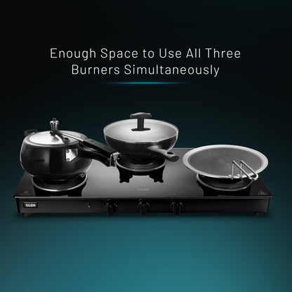 3 Burner Glass Gas Stove with High Flame Brass Burner and Crown Pan Supports (CT 1038 GT BB BL HF CP) - Manual/Auto Ignition