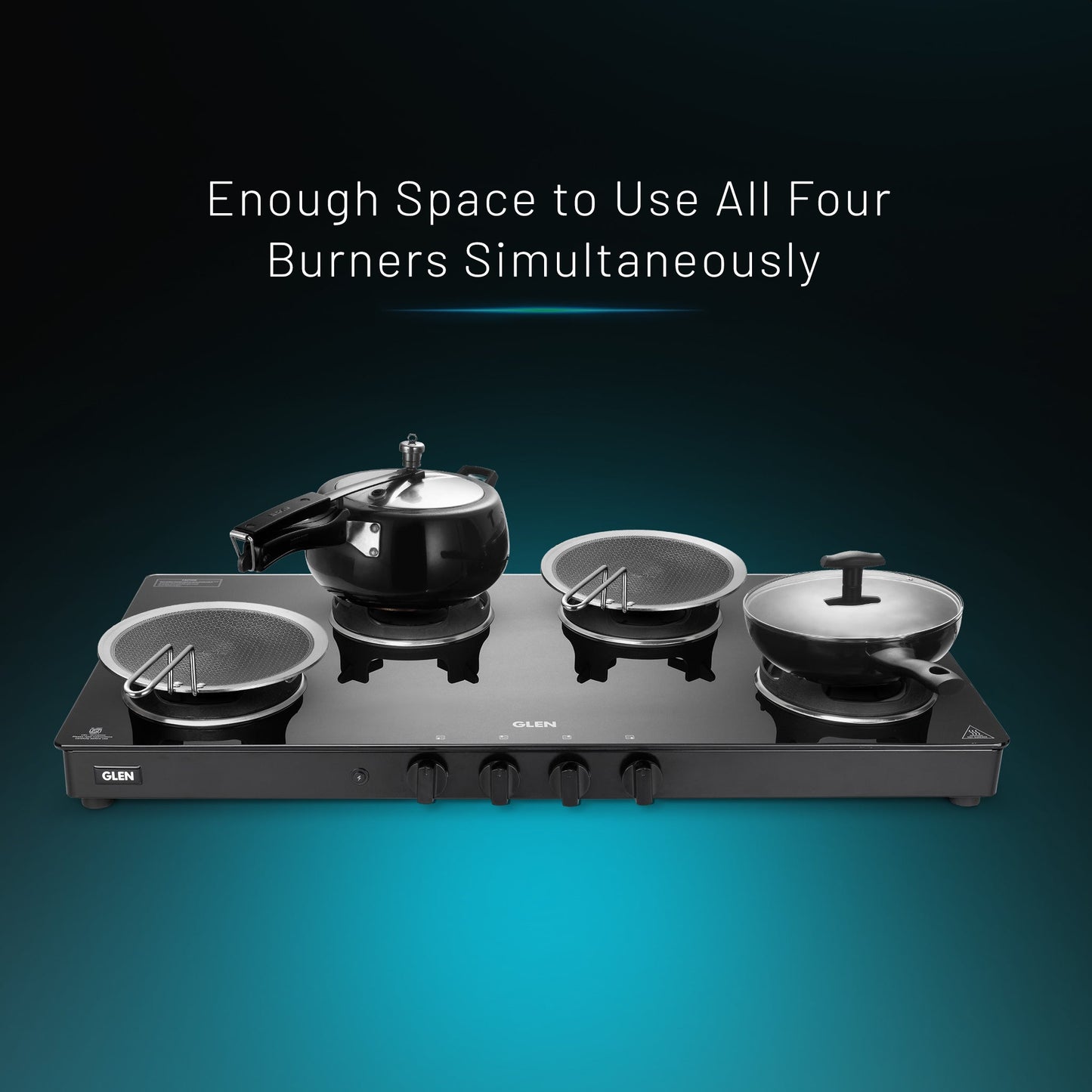 4 Burner Glass Gas Stove with High Flame Brass Burner and Crown Pan Supports (CT 1044 GT BB BL HF CP) - Manual/Auto Ignition