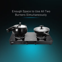 2 Burner Glass Gas Stove with High Flame Brass Burner Crown Pan Supports (CT 1022 GT BB BL HF CP) - Manual/Auto Ignition