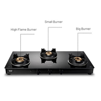 GLEN 3 Burner PNG Glass Gas Stove with High Flame Brass Burner and Crown Pan Supports (CT1038GTBBBLHFCPPN)