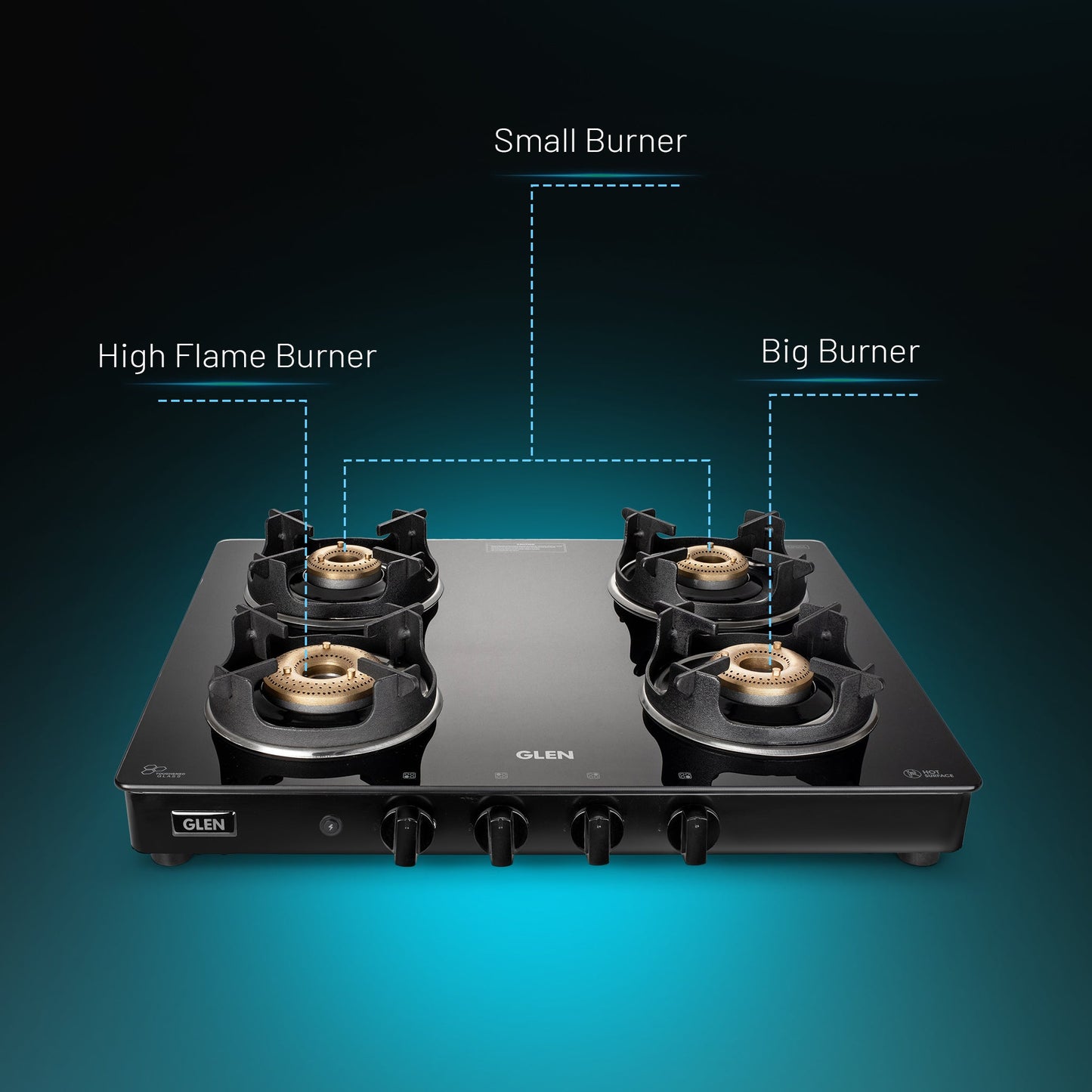 4 Burner Glass Gas Stove with High Flame Brass Burner and Crown Pan Supports (CT 1042 GT BB BL HF CP) - Manual/Auto Ignition