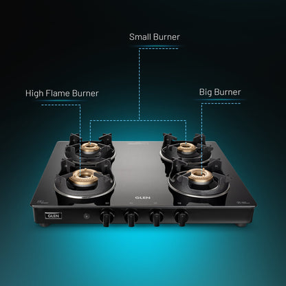 4 Burner Glass Gas Stove with High Flame Brass Burner and Crown Pan Supports (CT 1042 GT BB BL HF CP) - Manual/Auto Ignition