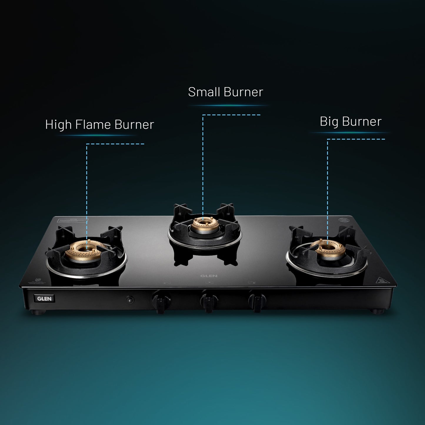 3 Burner Glass Gas Stove with High Flame Brass Burner and Crown Pan Supports (CT 1038 GT BB BL HF CP) - Manual/Auto Ignition