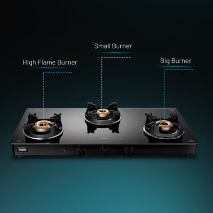 3 Burner Glass Gas Stove with High Flame Brass Burner and Crown Pan Supports (CT 1038 GT BB BL HF CP) - Manual/Auto Ignition