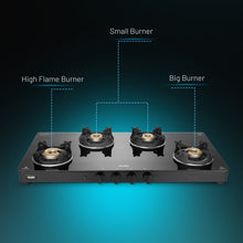 4 Burner Glass Gas Stove with High Flame Brass Burner and Crown Pan Supports (CT 1044 GT BB BL HF CP) - Manual/Auto Ignition