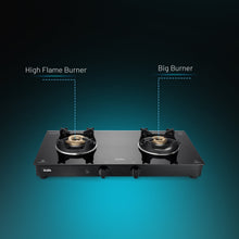 2 Burner Glass Gas Stove with High Flame Brass Burner Crown Pan Supports (CT 1022 GT BB BL HF CP) - Manual/Auto Ignition