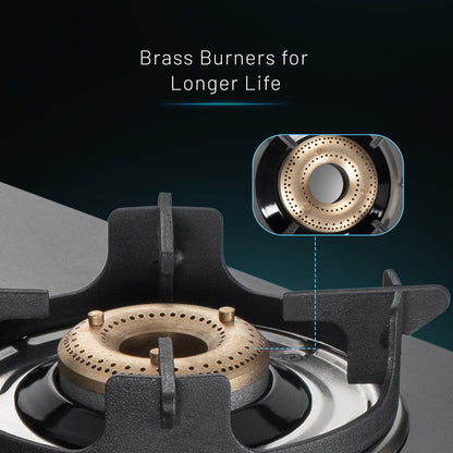 4 Burner Glass Gas Stove with High Flame Brass Burner and Crown Pan Supports (CT 1044 GT BB BL HF CP) - Manual/Auto Ignition