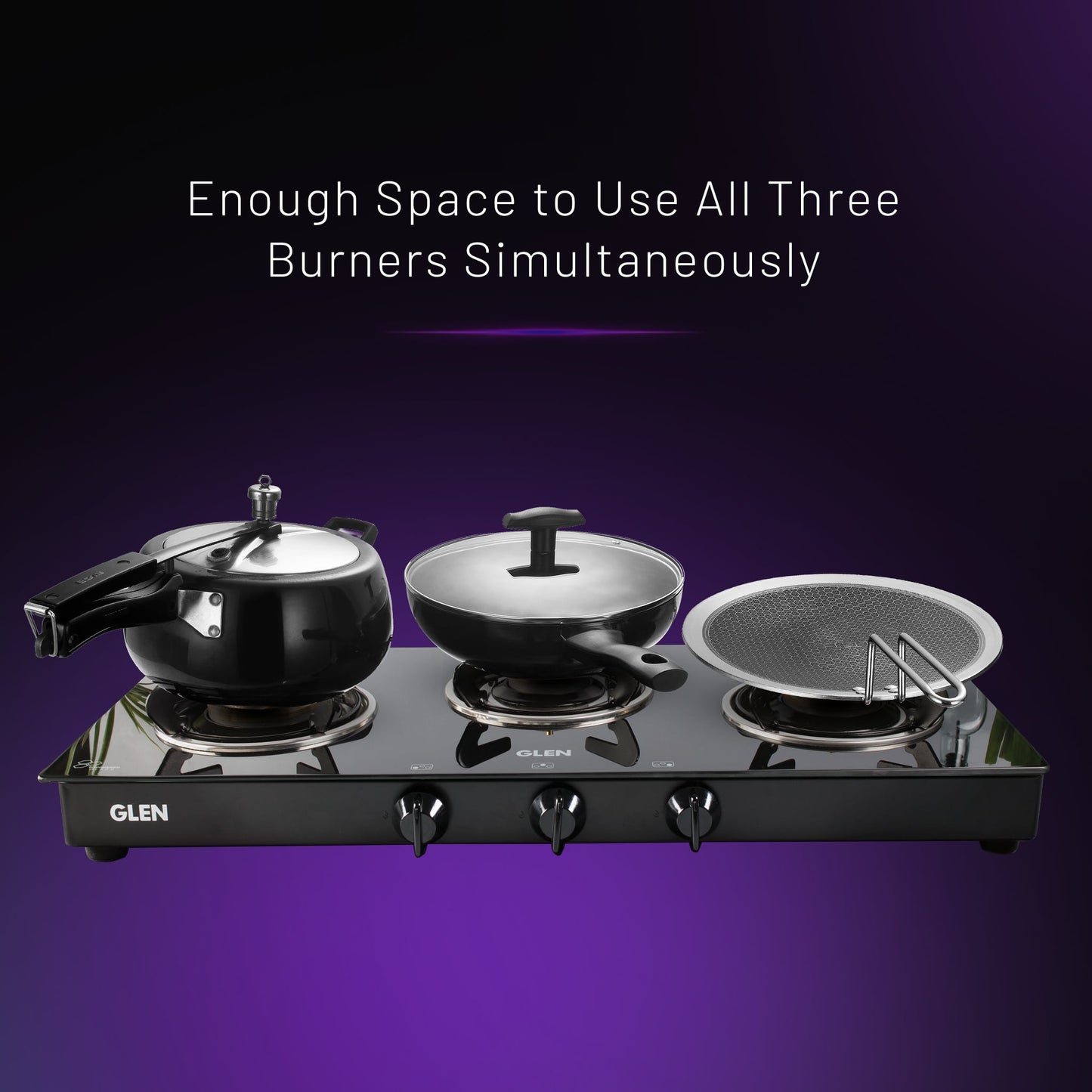 3 Burner Glass Gas Stove with High Flame Brass Burner - Manual/Auto Ignition (1038GTBBBL)