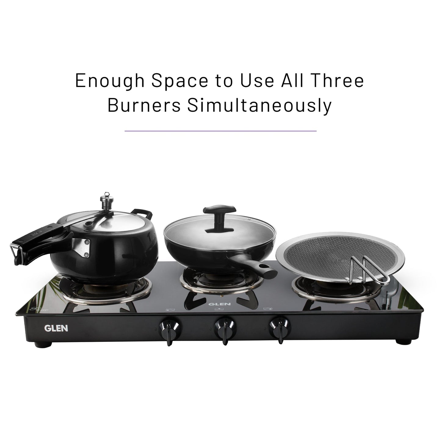 GLEN 3 Burner PNG Glass Gas Stove with High Flame Brass Burner (CT1038GTBBBLPN)