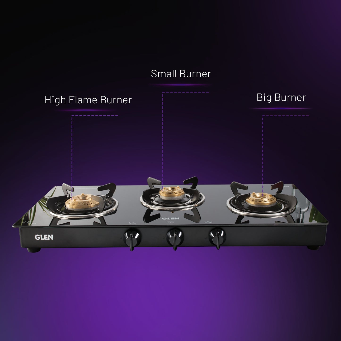 3 Burner Glass Gas Stove with High Flame Brass Burner - Manual/Auto Ignition (1038GTBBBL)