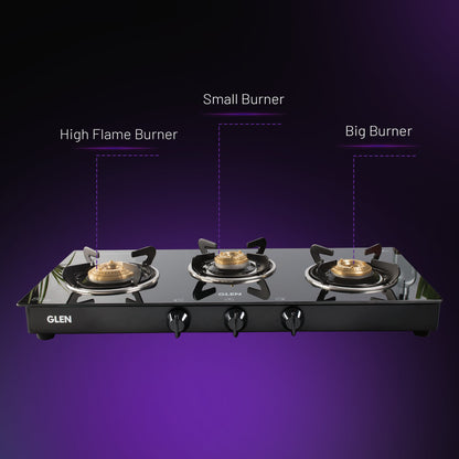 3 Burner Glass Gas Stove with High Flame Brass Burner - Manual/Auto Ignition (1038GTBBBL)