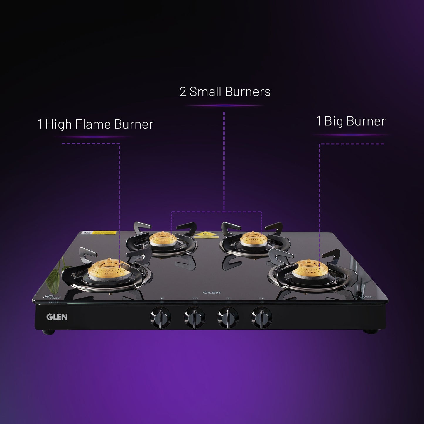 4 Burner Glass Gas Stove with High Flame Brass Burner - Manual/Auto Ignition (1048GT)