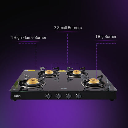 4 Burner Glass Gas Stove with High Flame Brass Burner - Manual/Auto Ignition (1048GT)