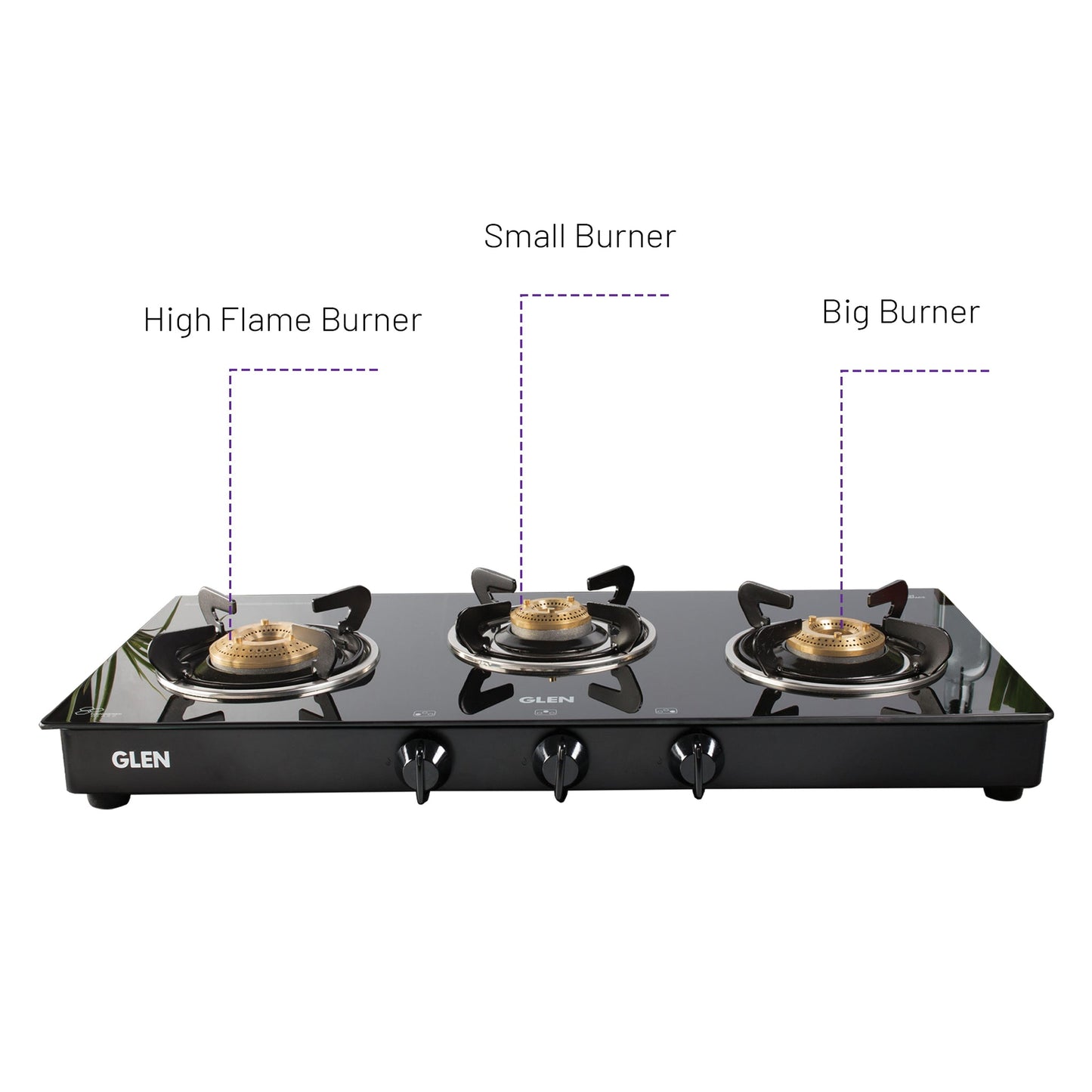 GLEN 3 Burner PNG Glass Gas Stove with High Flame Brass Burner (CT1038GTBBBLPN)