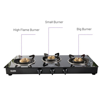 GLEN 3 Burner PNG Glass Gas Stove with High Flame Brass Burner (CT1038GTBBBLPN)