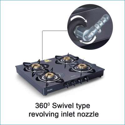 4 Burner Glass Gas Stove with Forged Brass Burner 60 CM Black (1041 GT FB BL)